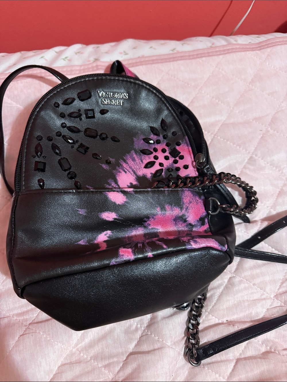 Victoria's Secret Black and Pink Jeweled Mini Backpack